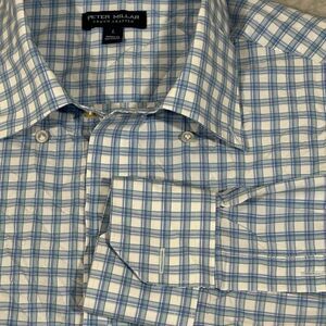 Peter Millar Crown Crafted Shirt Mens L Blue Check Performance Long Sleeve‎